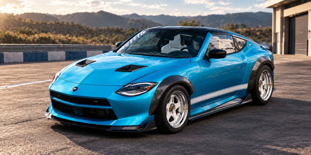 Blue custom widebody Nissan Z on a test-track apron