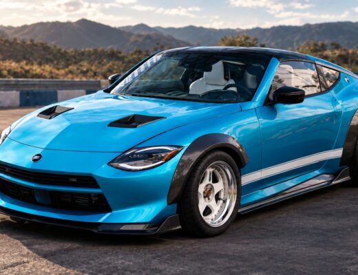 Blue custom widebody Nissan Z on a test-track apron