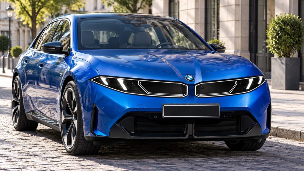 Blue BMW i3 electric sedan parked on a cobblestone city street.